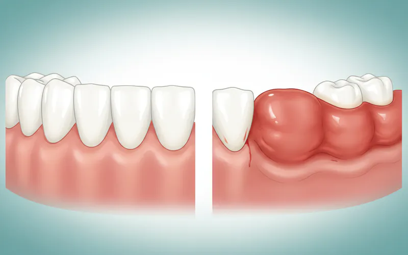 A side-by-side comparison image showing a healthy gum line (firm, pink, scalloped) next to a swollen, inflamed gum line (red, puffy, shiny, bleeding points)