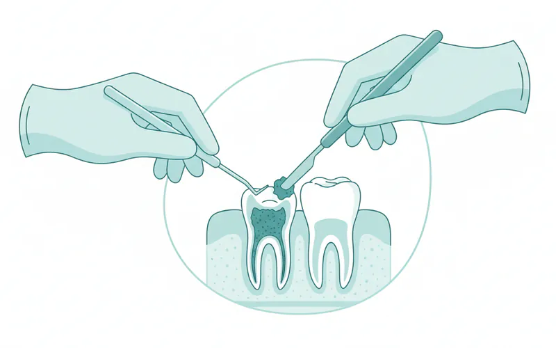 Illustration showing a dental hygienist performing scaling and root planing on a patient, with instruments reaching below the gum line.