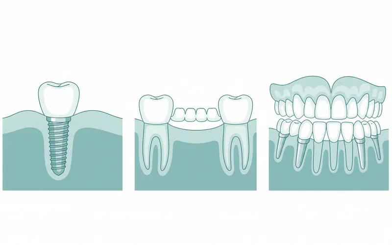 Illustration comparing a single dental implant, a traditional bridge, and a full arch All-on-4 dental implant solution