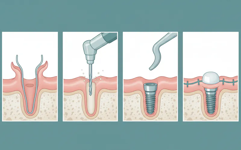 Detailed step-by-step illustrations of dental implant placement: 1. Jawbone exposed, 2. Pilot drill, 3. Implant screwed into place, 4. Gums sutured over implant/healing cap exposed