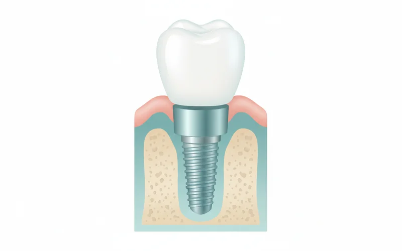 A diagram showing the three main parts of a single dental implant: the titanium screw (implant post) embedded in the jawbone, the abutment connecting to it, and the crown on top.