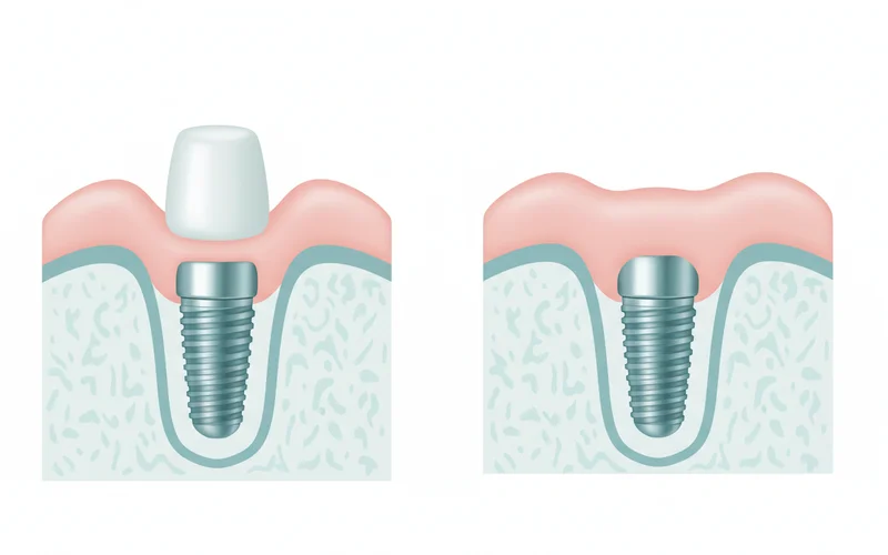 Illustration showing the difference between a single-stage implant with a healing abutment visible, and a two-stage implant completely covered by gum tissue.