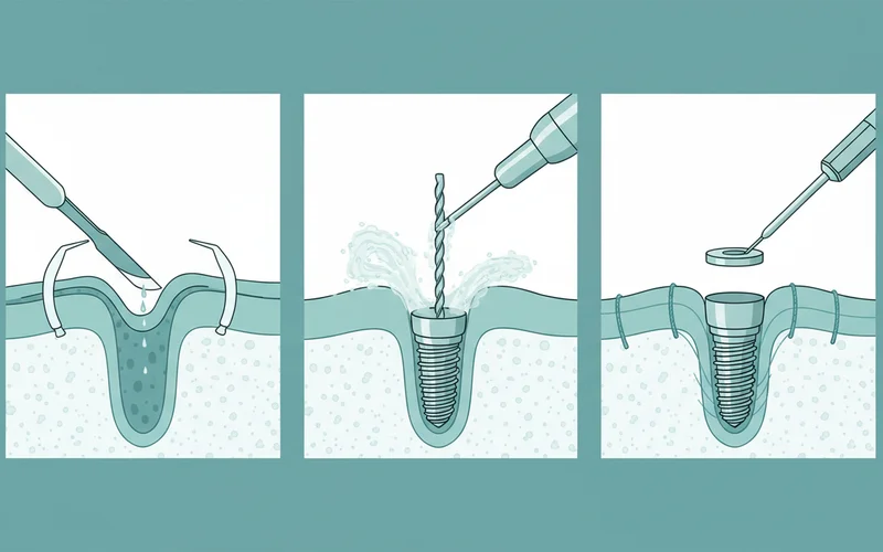 A series of three illustrations showing the implant placement surgical steps: 1) incision and bone exposed, 2) drilling the osteotomy, 3) implant being screwed into the bone with a cover screw placed.
