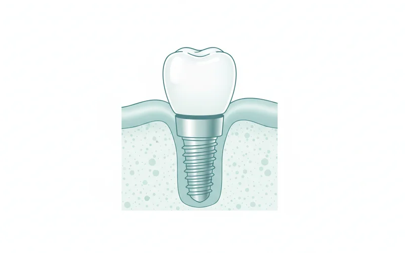 A detailed cross-section diagram showing a dental implant embedded in the jawbone, with an abutment and crown attached. Label the implant post, abutment, crown, jawbone, and gum tissue.