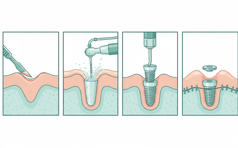 A step-by-step visual of implant placement surgery: 1) Incision, 2) Drilling the osteotomy, 3) Inserting the implant screw, 4) Placing the cover screw and suturing.