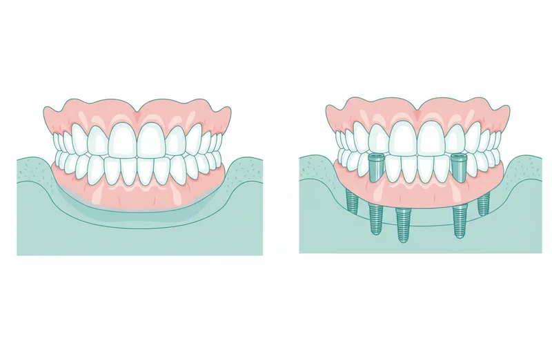 Illustration comparing traditional dentures floating on gums versus implant-retained dentures anchored to implants