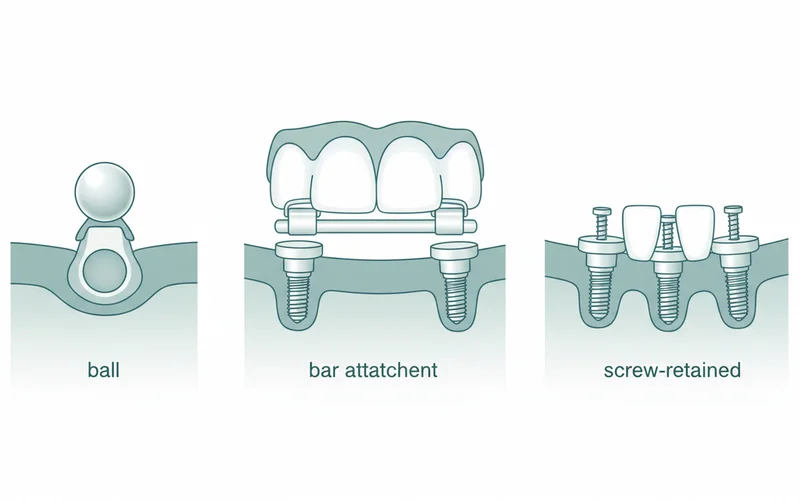 Diagram showing different types of implant attachments for dentures (ball, bar, and screw-retained)
