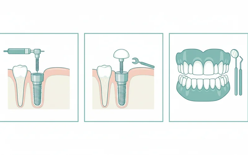 Visual representation of the dental implant surgery process, from implant placement to abutment and final denture attachment
