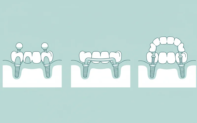 A diagram illustrating the different types of implant-supported dentures: one showing ball-retained with two implants, one showing bar-retained with a bar connecting multiple implants, and one showing an All-on-4 fixed prosthesis screwed onto four implants, clearly labeling each type.