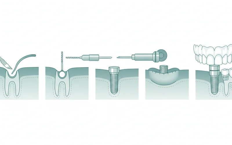 A step-by-step diagram showing the implant placement procedure: 1) incision, 2) drilling pilot hole, 3) implant screw insertion, 4) gum sutured over implant, 5) abutment placed after healing, 6) denture attached to abutments.