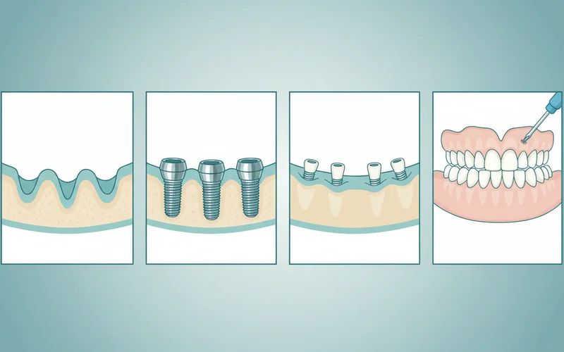 A series of four panels showing the step-by-step process: 1) Initial jawbone with missing teeth; 2) Dental implants surgically placed; 3) Abutments attached to implants; 4) Final fixed implant-supported denture screwed onto the abutments.