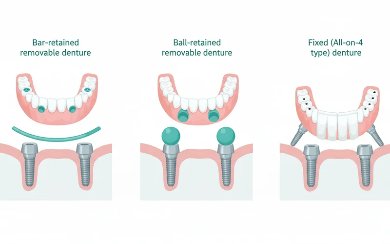 A diagram illustrating the three types of implant-supported dentures side-by-side: 1) Bar-retained removable denture showing implants, a bar attached, and the denture snapping on. 2) Ball-retained removable denture showing implants with ball abutments and the denture snapping on. 3) Fixed (All-on-4 type) denture showing 4 angled implants supporting a full arch bridge that is screwed in.