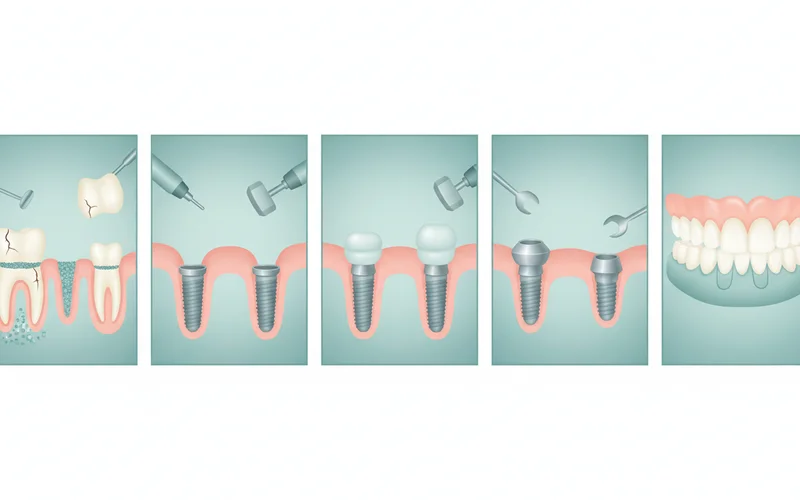 A multi-panel infographic showing the step-by-step process of implant-supported denture placement, from initial extraction/bone graft (if needed), to implant surgery, osseointegration, abutment placement, and finally, the attachment of the custom denture.