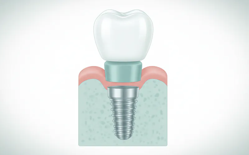 A detailed diagram showing the three parts of a single dental implant: the screw-shaped implant post embedded in the jawbone, the abutment connecting to it, and the crown placed on top, with labels for each component.