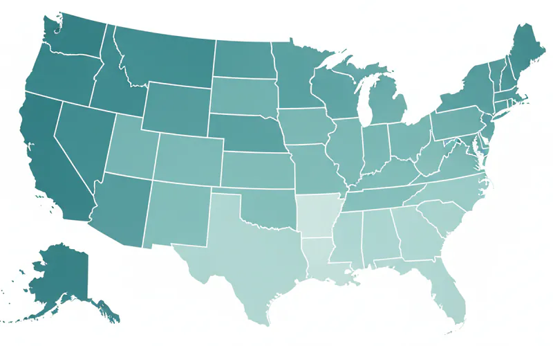 A geographic heatmap of the US showing average single dental implant costs by state or region, with darker colors representing higher costs and lighter colors showing lower costs.