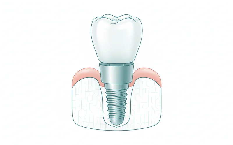 A diagram showing the three main components of a dental implant: the screw-shaped implant post integrated into the jawbone, the abutment attaching to the post and extending above the gum line, and a realistic crown placed on top of the abutment.