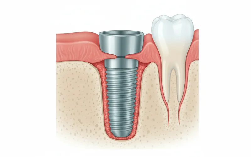A detailed medical illustration showing a cross-section of a dental implant with surrounding bone and gum tissue, clearly depicting inflamed, red gum tissue and bone loss around the implant threads, characteristic of implantitis.