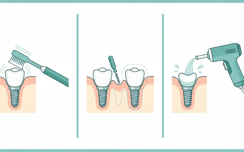 A series of illustrations depicting proper oral hygiene techniques for dental implants, including brushing around the implant with a soft-bristled brush, using interdental brushes, and demonstrating a water flosser.