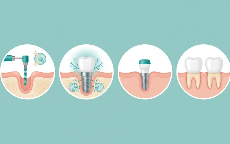 Detailed infographic illustrating the step-by-step process of a single dental implant placement, showing bone integration and subsequent abutment and crown attachment