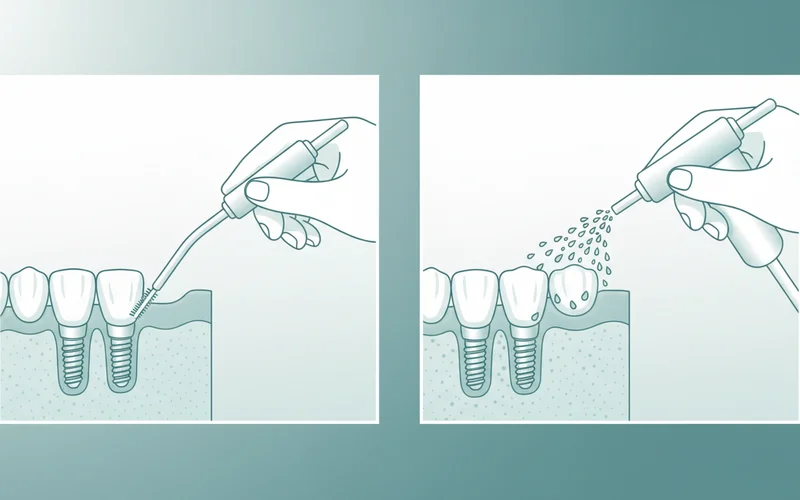 A patient using an interdental brush or water flosser specifically designed for cleaning around dental implants