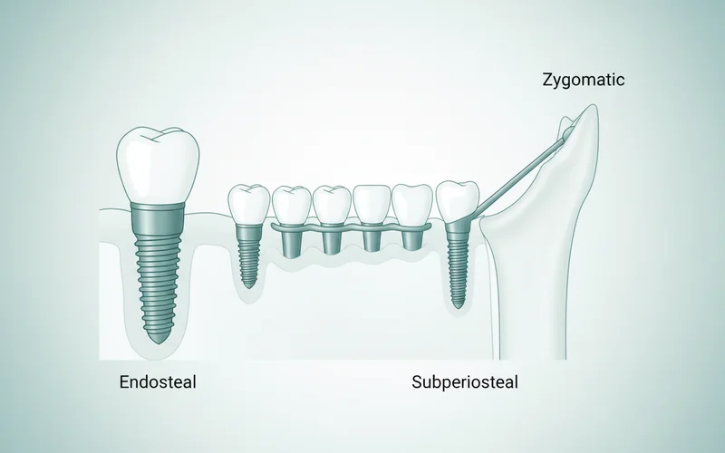 A diagram showing different types of dental implants: Endosteal (screw-shaped in bone), Subperiosteal (metal framework on bone under gum), and Zygomatic (longer implant reaching the cheekbone).