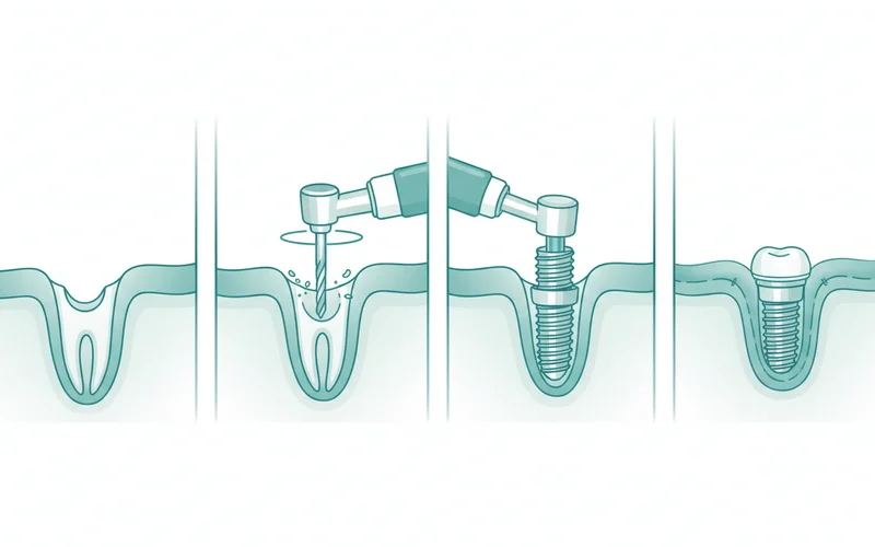 A step-by-step illustration of dental implant placement. 1. Jawbone with missing tooth. 2. A drill creating a pilot hole in the bone. 3. The titanium implant screw being inserted into the bone. 4. Gum tissue sutured over the implant, or a healing cap visible.