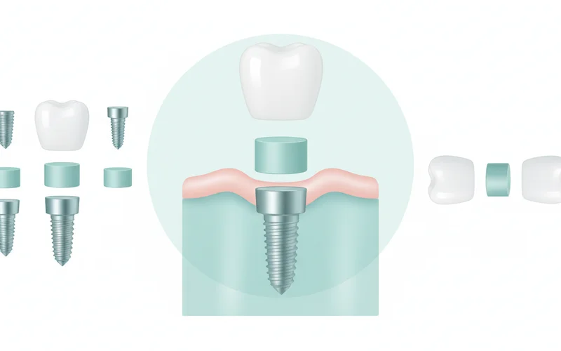 An infographic showing the three main components of a dental implant: the implant post (screw), the abutment, and the dental crown.