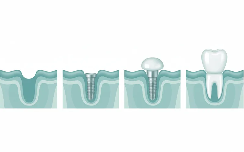 A sequence showing the dental implant process: 1. Missing tooth, 2. Implant screw placed in jawbone, 3. Healing abutment, 4. Final crown attached.