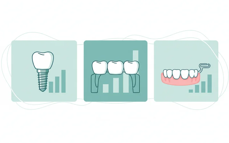 A chart comparing the costs of different tooth replacement options: single implant, bridge, and partial denture.