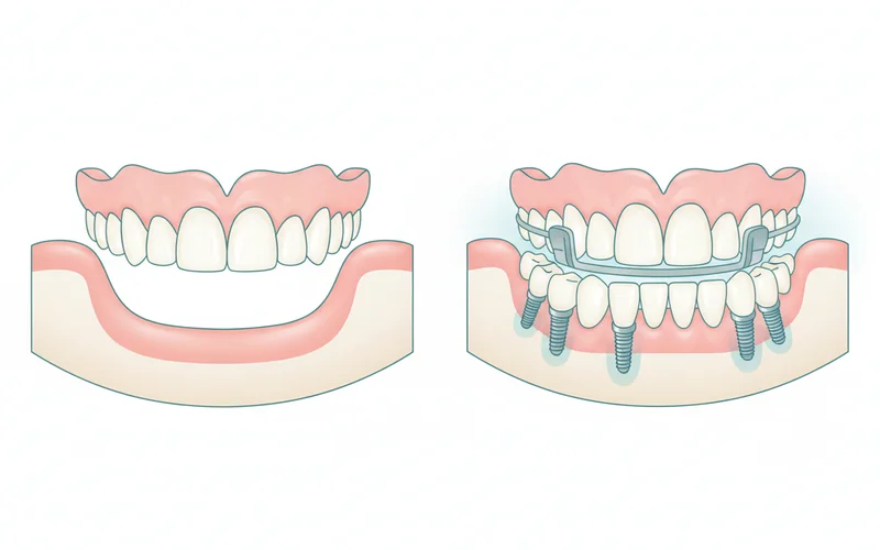 A diagram illustrating the difference between a traditional denture resting on gums and an implant-supported denture anchored to implants within the jawbone.