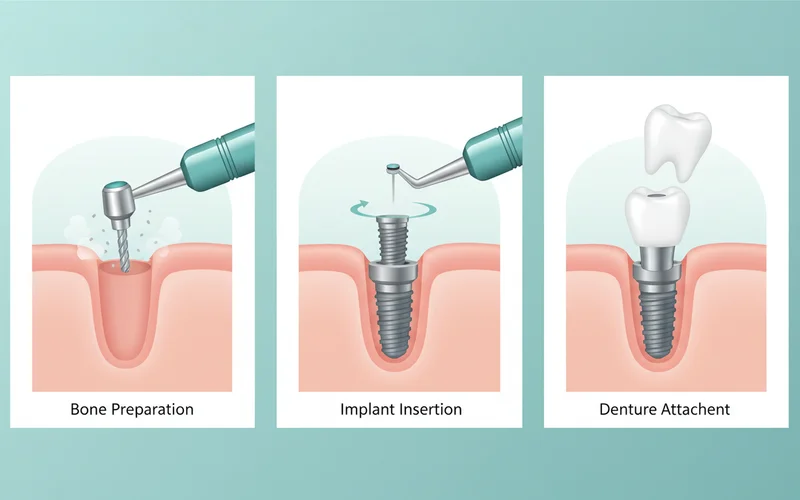 A series of illustrations depicting the step-by-step process of dental implant placement, from bone preparation to implant insertion and finally the attachment of the denture.