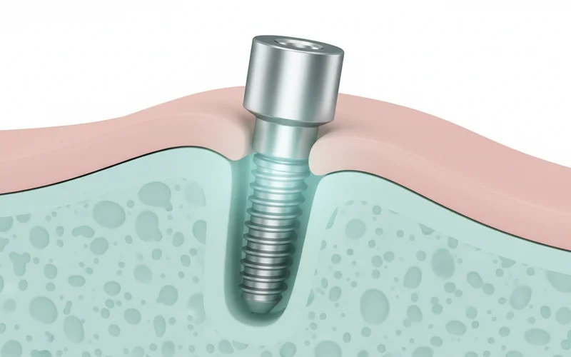 A detailed illustration showing a cross-section of the jawbone with a dental implant screw being inserted, illustrating the bone and gum layers. It should highlight the titanium screw and the surrounding bone.