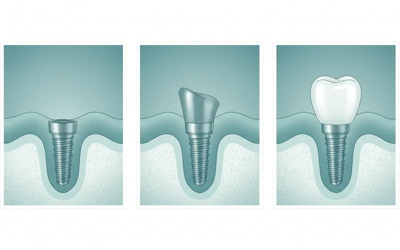 A series of three illustrations showing the stages of an implant, from just the post in the bone, to the abutment attached, and finally a crown placed on top, demonstrating the full restoration.
