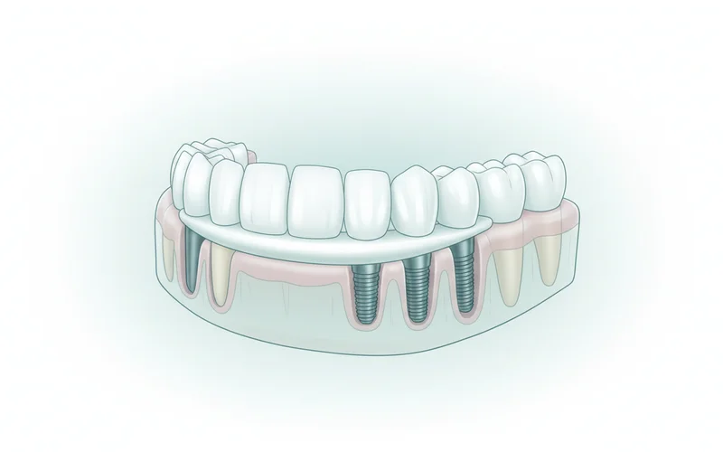 Illustration showing an All-on-4 dental implant setup with four implants supporting a full arch of teeth