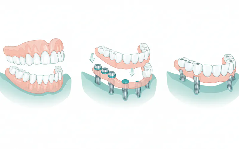 Comparison graphic illustrating a traditional denture, a removable implant-supported overdenture (with locator attachments), and a fixed All-on-4 hybrid denture.