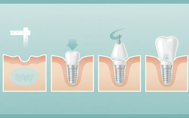 Detailed infographic showing the stages of dental implant placement: 1) initial bone assessment, 2) implant insertion into jawbone, 3) attachment of abutment, 4) final denture placement.