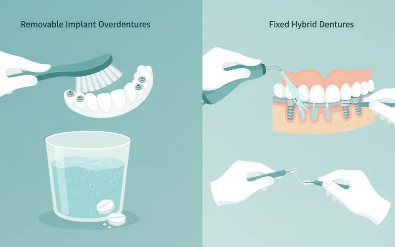 Illustration showing proper cleaning techniques for both removable implant overdentures (denture brush, soaking) and fixed hybrid dentures (water flosser, interdental brush, special floss).