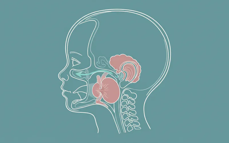 A clear diagram illustrating anatomical obstructions in an infant's airway, showing enlarged tonsils and adenoids blocking airflow at the back of the throat.