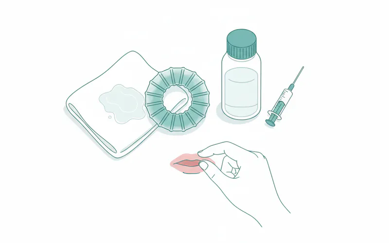 A flat lay photograph showing various safe teething relief items: a clean, silicone teething ring (chilled), a clean wet washcloth, a bottle of infant acetaminophen with a dosing syringe, and a parent's hand gently massaging a baby's gum.