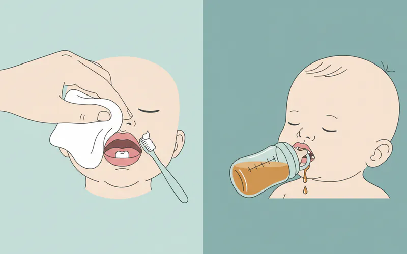 An illustration demonstrating good vs. bad oral hygiene for infants: On one side, a baby's gums being wiped with a cloth before teeth, and a rice-grain amount of fluoride toothpaste on a soft toothbrush for a single erupted tooth. On the other side, an image of a baby sleeping with a bottle of juice, illustrating "baby bottle tooth decay."