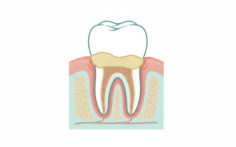 Illustration showing a cross-section of a tooth and gum, highlighting inflamed gum tissue with plaque and tartar buildup at the gumline.