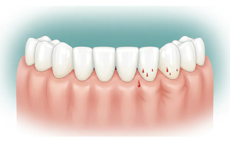 A close-up illustration showing healthy pink gums contrasting with red, swollen, and slightly bleeding inflamed gums around teeth.