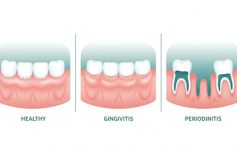 A diagram illustrating the progression of gum disease from healthy gums, to gingivitis with swollen gums, to periodontitis showing bone loss, receding gums, and deep pockets.