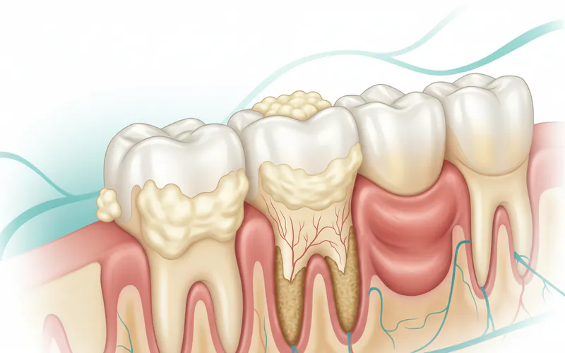 A detailed diagram showing plaque buildup on teeth and calculus forming below the gum line, with inflamed, red gum tissue.