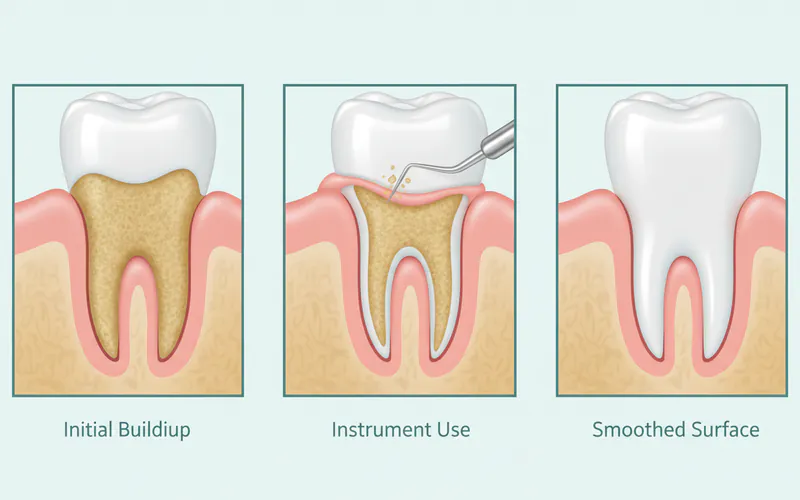 A series of illustrations showing the step-by-step process of scaling and root planing, from initial plaque buildup to instrument use below the gum line and finally smoothed root surface.