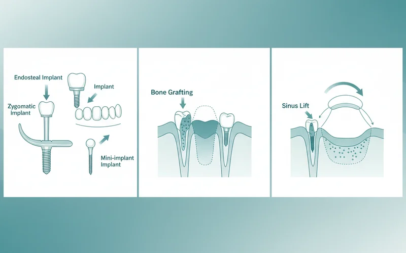 A detailed diagram showing different types of dental implants (endosteal, zygomatic, mini) embedded in a jawbone cross-section, with arrows indicating how prosthetics attach. Also include an illustration of bone grafting and sinus lift procedures.
