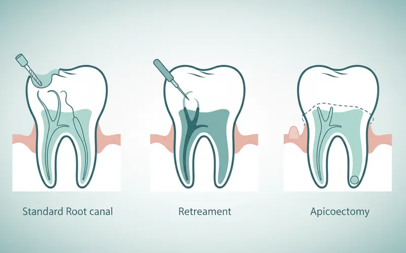 Cross-section diagram illustrating different types of root canal procedures: standard root canal, retreatment with old filling material removal, and an apicoectomy showing surgical removal of the root tip.