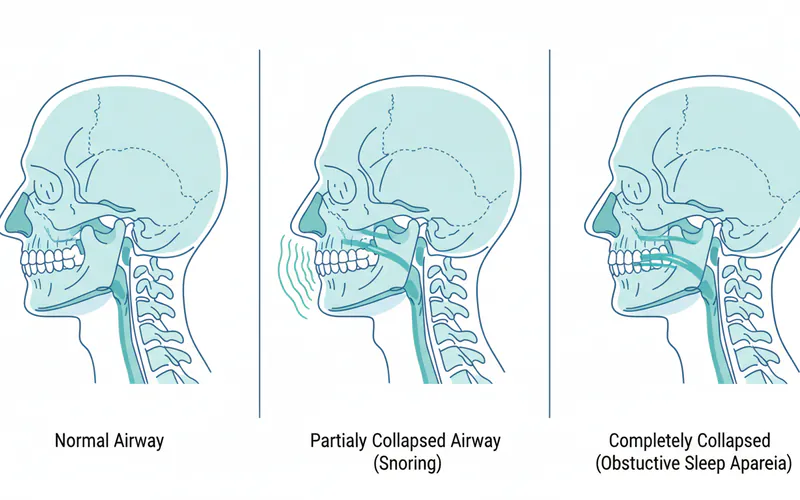 Cross-section illustration showing a normal airway during sleep compared to a partially collapsed airway causing snoring, and a completely collapsed airway characteristic of obstructive sleep apnea.
