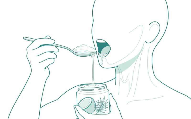 Illustration showing a person measuring a tablespoon of coconut oil into their mouth.