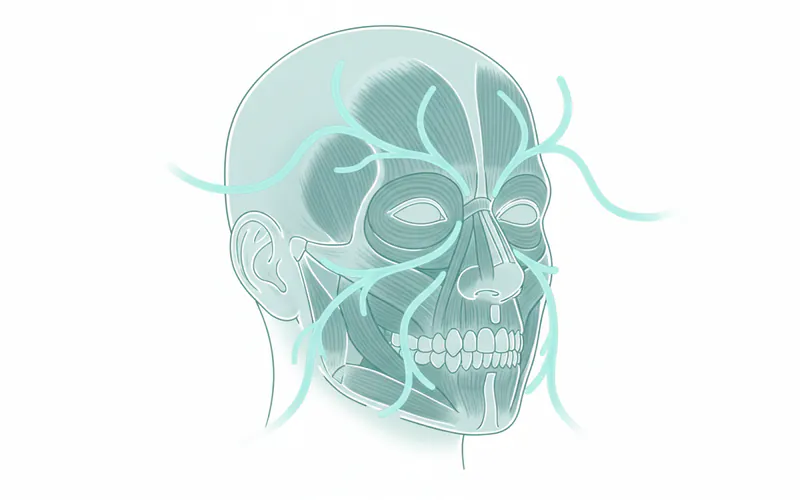 Illustration showing the different areas of the face and head affected by jaw clenching, highlighting the temporalis and masseter muscles and their connection to headache pain